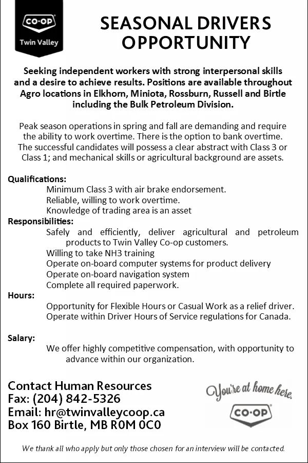 Twin Valley Coop on Twitter "We are looking for Seasonal Drivers 