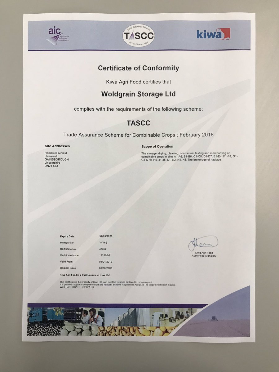 Woldgrain_Ltd's tweet photo. Following a successful audit, we are now fully #TASCC assured until 31/3/20 🏆 https://t.co/q0iTCTMXDR