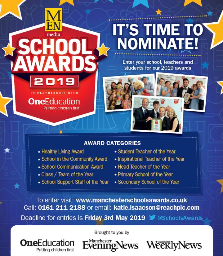SchoolsAwards's tweet photo. Make sure your entry for the @MENnewsdesk Greater Manchester Schools Awards in assoc with @OneEducation is with us before the deadline for entries on 3rd May 2019. Enter at https://t.co/kxLppffwlm #DPSA19 https://t.co/yZ0fC43f5i