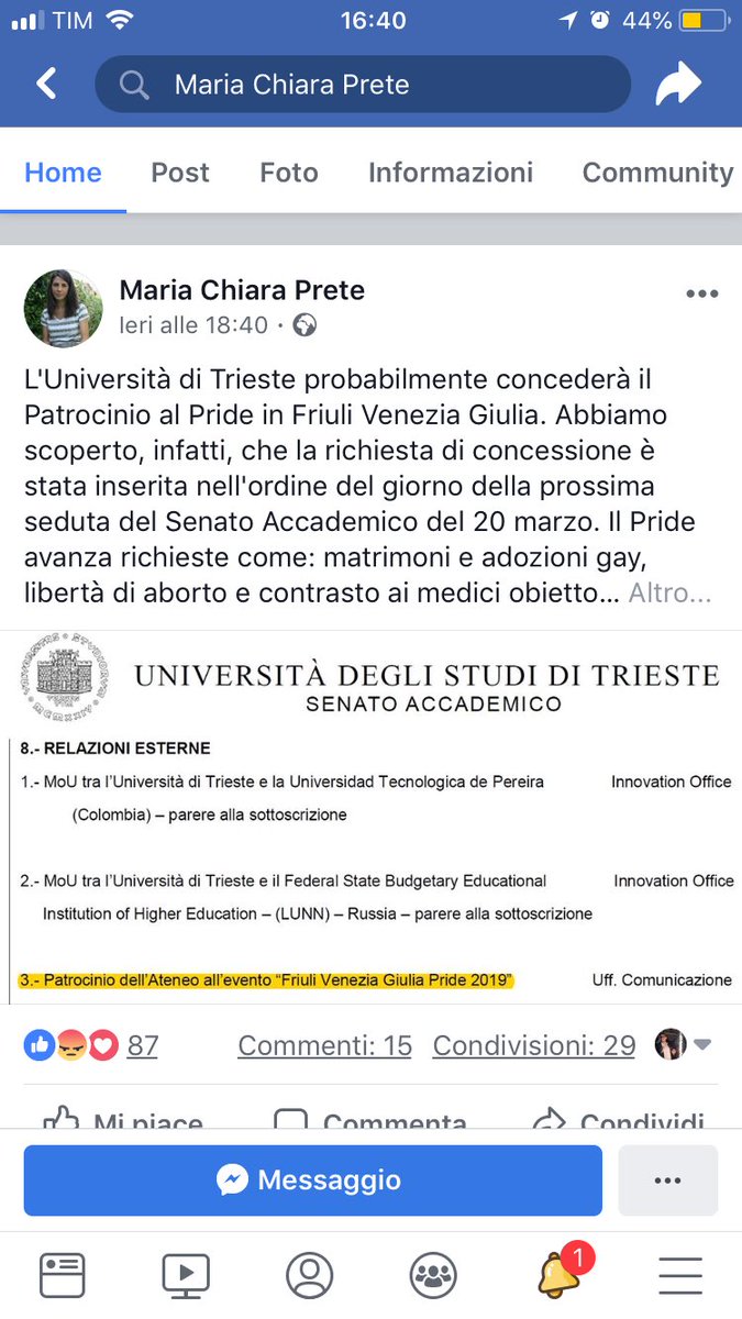 manucristelli's tweet photo. Ecco Maria Chiara Prete, leader dei movimenti di Universitari per la Vita, vicina al ministro leghista Fontana. Non ho parole.
Ho sostenuto la mozione in Consiglio degli Studenti, e voterò a favore in maniera ancora più convinta in Senato Accademico.
#UniTS #Pride 🌈 #senzapaura https://t.co/yKgPRTQOmP