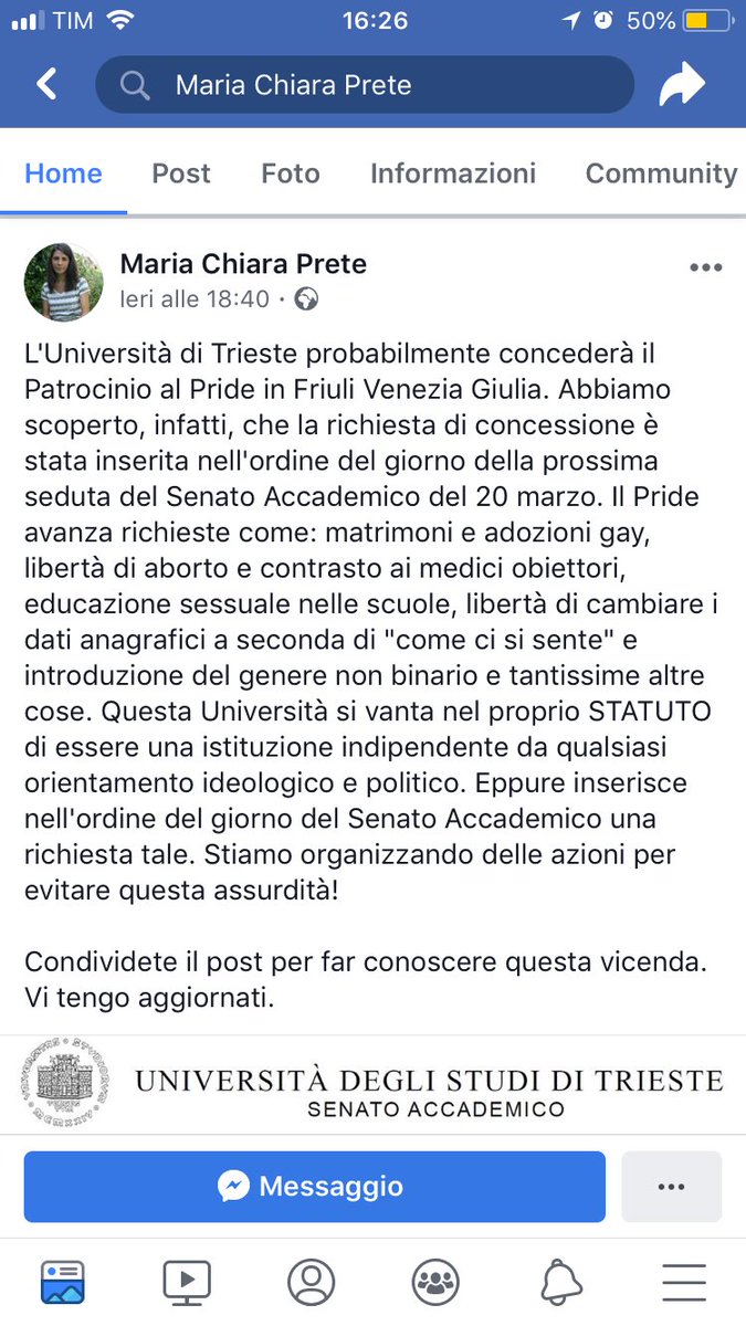 manucristelli's tweet photo. Ecco Maria Chiara Prete, leader dei movimenti di Universitari per la Vita, vicina al ministro leghista Fontana. Non ho parole.
Ho sostenuto la mozione in Consiglio degli Studenti, e voterò a favore in maniera ancora più convinta in Senato Accademico.
#UniTS #Pride 🌈 #senzapaura https://t.co/yKgPRTQOmP
