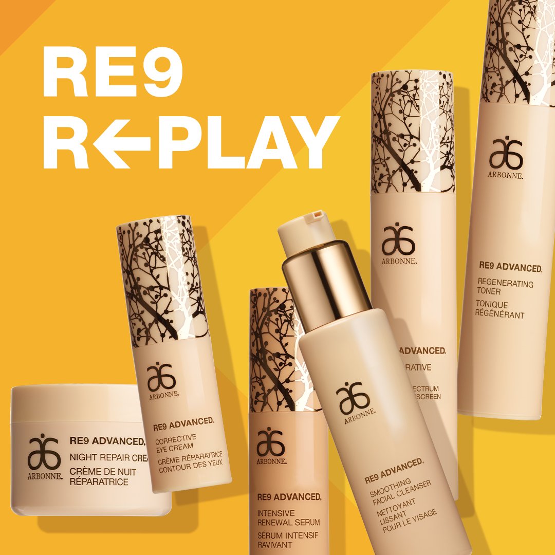 arbonne's tweet photo. HIT REPLAY! Keep your glow going on endless repeat with this special RE9 REPLAY offer — for this month only. https://t.co/9Gpm2kzhRR #RE9Replay #RE9Advanced #Arbonne #Skincare #ArbonneSkincare #VeganSkincare #GlutenFree #Vegan https://t.co/ln5AGx99TK