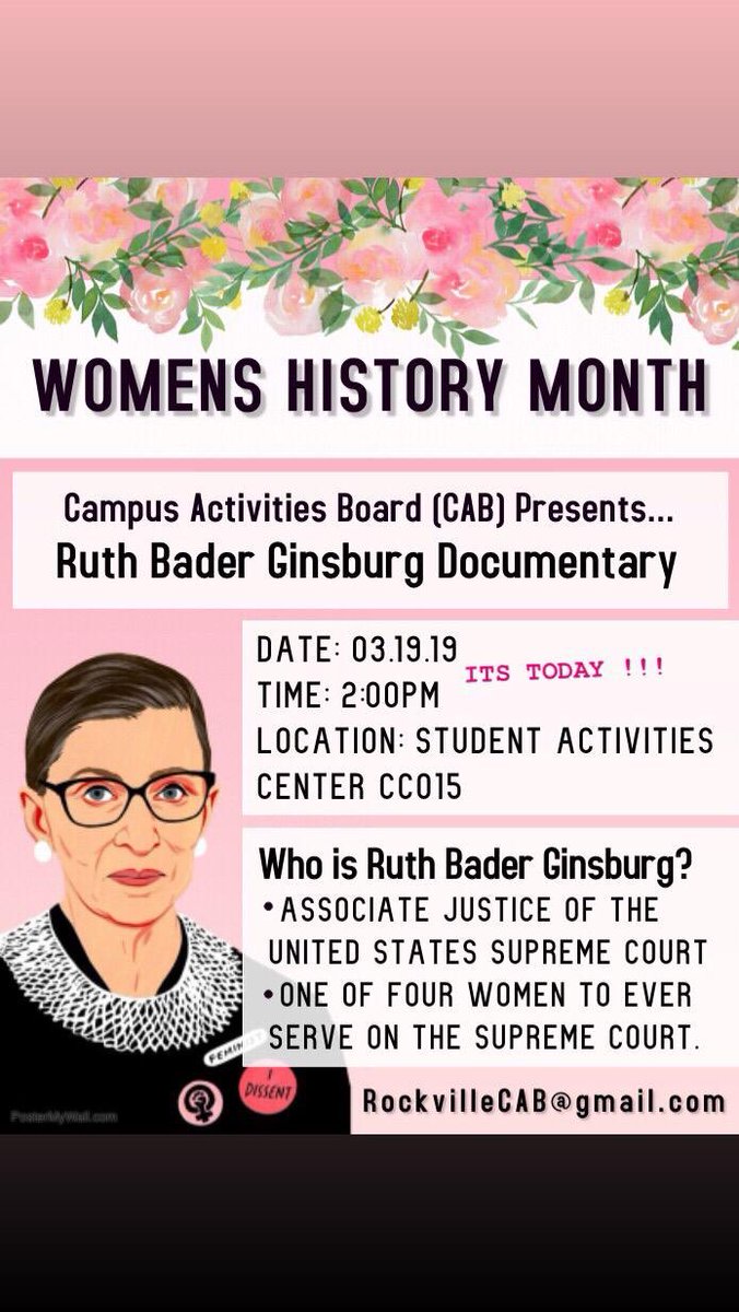 mcrsenate's tweet photo. Join us for a free viewing of the Ruth Bader Ginsburg Documentary for #WomensHistoryMonth #womenleaders #rvstudentsenate https://t.co/EIH7UR4suG