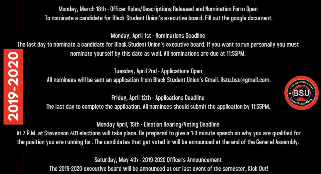 Hey! Want to be apart of the BSU executive board for the 2019-2020 school year? Well, turn in your nominations now! You can either nominate yourself or someone else! LINK TO THE GOOGLE DOC IN OUR BIO!
#ISU19 #ISU20 #ISU21 #ISU22