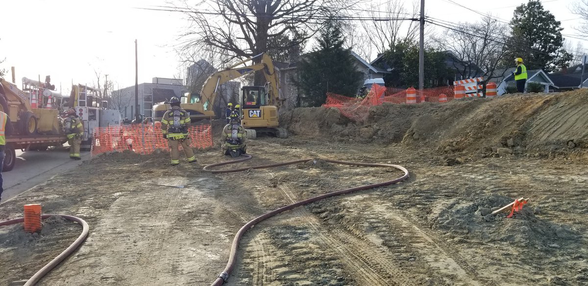 PFFG947's tweet photo. Firefighters responded with HazMat units to Cedar & Smith this morning following construction crews accidentally severing a natural gas line while digging #TogetherWeRise #Greensboro #IAFF #Local947 https://t.co/vDaTFYEK0l