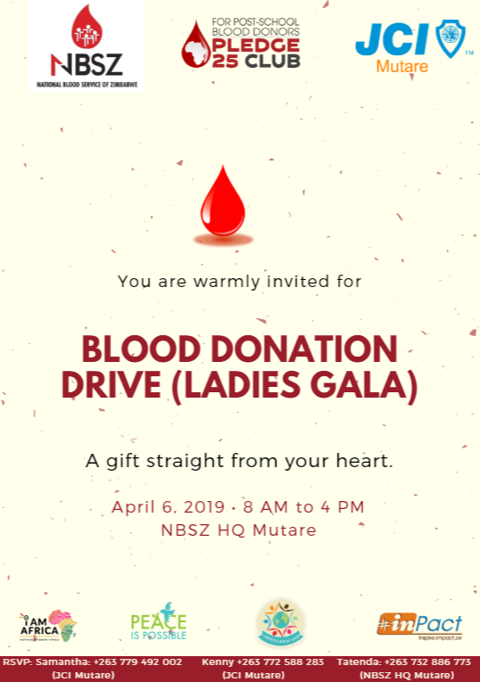 JCIMutareLo's tweet photo. Blood Drive Donation themed Ladies Gala, just around the corner. Make a date with us!
#InnovateInspire&amp;Lead
#InPact.ZW https://t.co/oHxZv7Xqv1