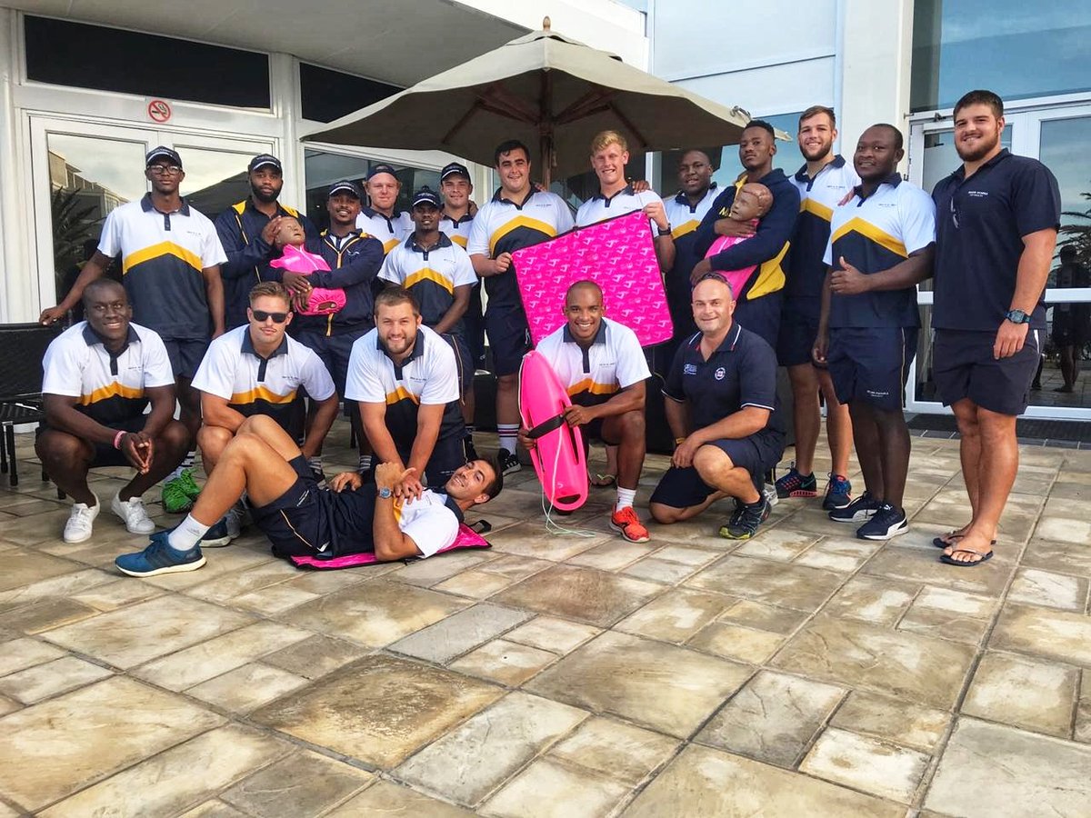 NSRI's tweet photo. We are in Port Elizabeth demonstrating #watersafety and #CPR to the Madibaz Varsity Cup team. These safety sessions are part of the partnership between the #NSRI and @PCMFSouthAfrica which is the 2019 @varsitycup charity Watersafety and CPR save lives!  #PinkShorts https://t.co/bheED2uyJ7