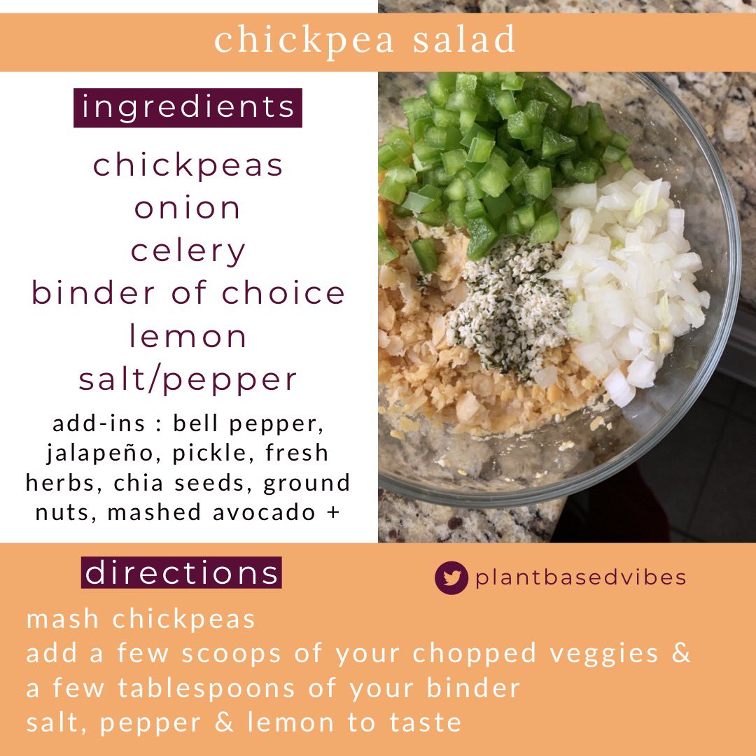 plantbasedvibes's tweet photo. chickpea salad is simple &amp; nutritious ! 

have a scoop in a salad, make a wrap or sandwich or eat with some crackers.

use organic mayo, vegan mayo, mashed avocado or hummus as a binder. 

chickpeas are high in protein, potassium, magnesium, calcium, b6 &amp; iron #plantbasedvibes https://t.co/OBLpDqVQCD