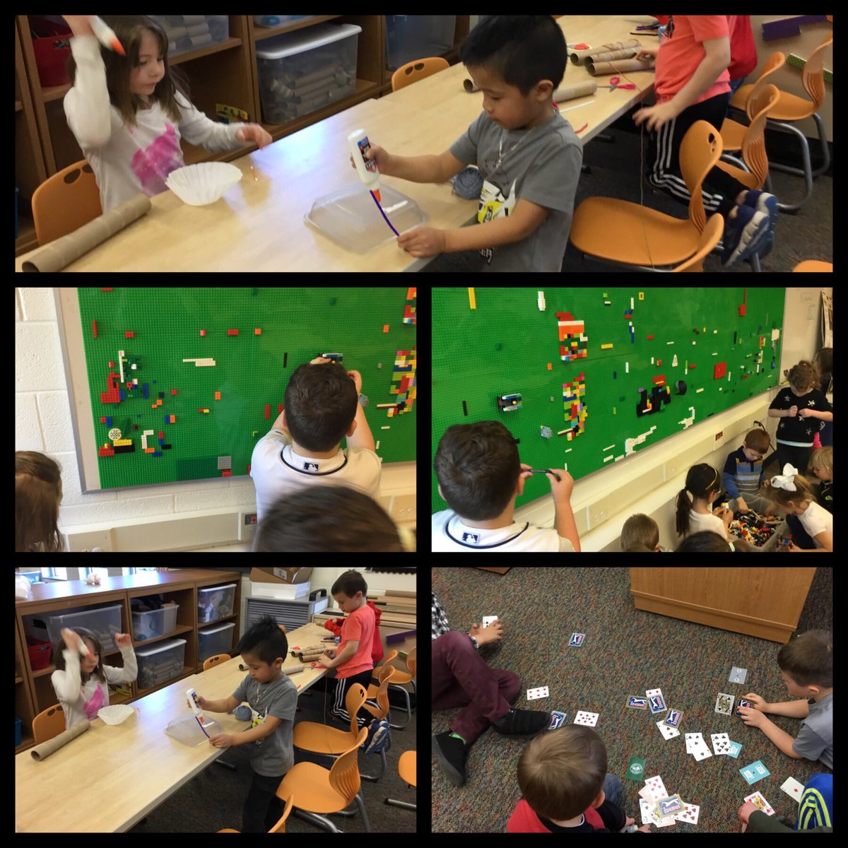 Mrs_Rehmann's tweet photo. MakerSpace Tuesday was filled with creativity and critical thinking. We built creations on the LEGO wall, made something that reminded us of spring and built a house using cards. https://t.co/fwwXkynTTw