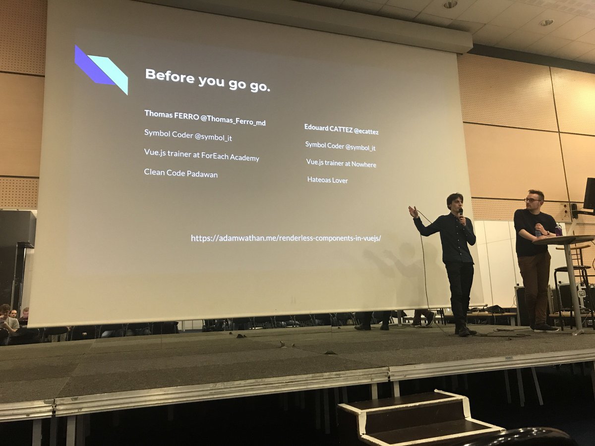 symbol_it's tweet photo. Cet après-midi c'était présentation des Renderless components en #VueJS par nos deux super #symbolcoder @Thomas_Ferro_md et Edouard, chez @decathlon pour la 4ème édition des It Communities day ! Bravo à eux 👏👏👏 https://t.co/OMDEcdhHky