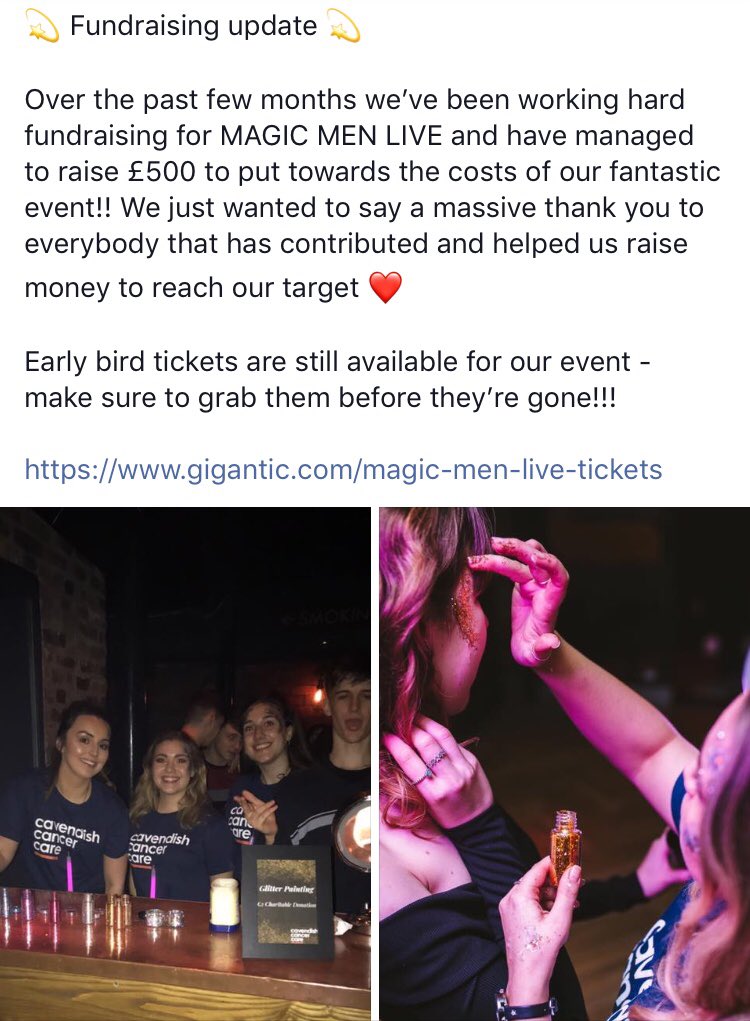MagicMenSheff's tweet image. Fundraising update💫OVER £500 had been raised so far! A BIG thank you to those who have contributed to make this a fantastic event at the end of March! Snap up your tickets now for the ultimate ladies night! Event link: bit.ly/2CnF3ZJ #sheffieldissuper #whatsonsheffield
