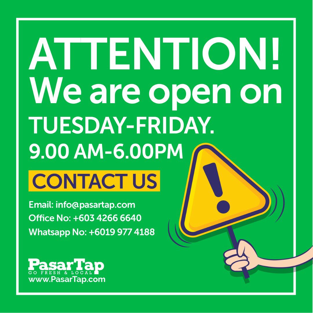 Attention please!

PasarTap.com is now open from Tuesday-Friday and you are now able to choose your delivery time. 

#ourpasar #webmarket #eatwell #freshfood #startup