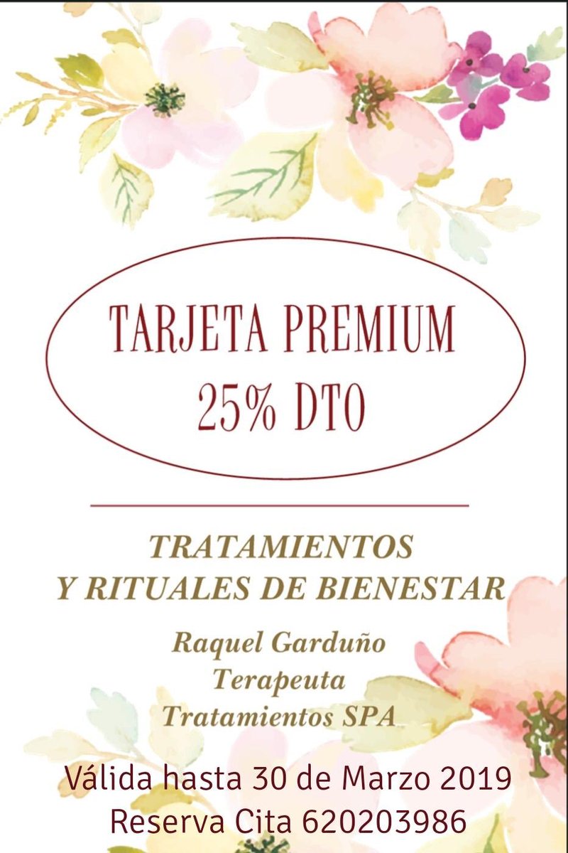 Swaha_Raquel's tweet photo. 🌸 Nos preparamos para la primavera 

👌🏻Y lo hacemos ofreciéndote un 25% DTO. en tu TRATAMIENTO O RITUAL DE BIENESTAR en @SalaPsicoRelax 
Sólo tienes que presentar esta TARJETA PREMIUM a nuestra Terapeuta SPA para disfrutar de esta promoción 🌸

*válida hasta el 30 de Marzo https://t.co/mn8A0NKCB6