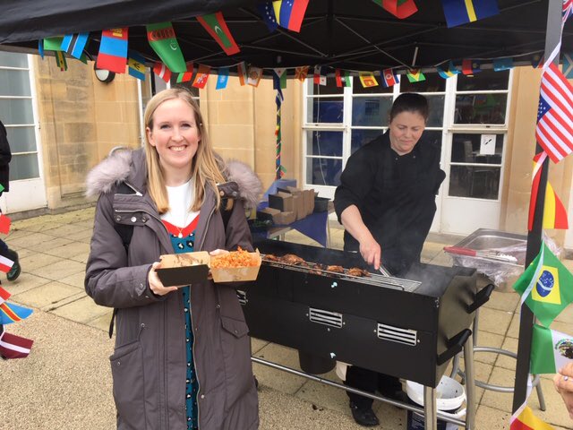 BathSpaUni's tweet photo. What did you have for lunch? 🥘 Lots of students and staff enjoyed food from all over the world as part of today’s International Street Food Festival for #SPAweeks! Here’s Student Experience Project Officer, Lizy, looking forward to tucking into her jerk chicken and jollof rice. https://t.co/OSTx3JLgZv