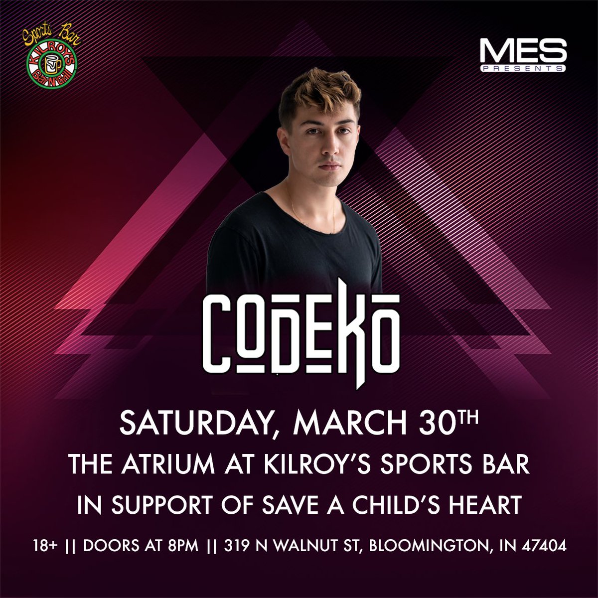 MES_Presents's tweet photo. Supporting philanthropies and the community is a big part of what we do. We are excited to partner with some great IU student organizations to help raise money for @saveachildsheart! We are bringing @Codekomusic to @KilroysSports on 3/30 for a benefit concert! https://t.co/v95bOVrdC1