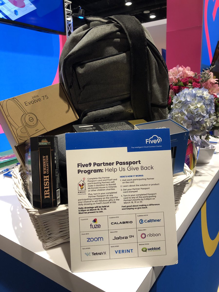 Five9's tweet photo. Participate in our @Five9 Partner Passport Program by visiting our partners’ booths for your chance to win our daily raffle and help us give back to charity! #EC19 #Five9atEC19 #Five9Gives https://t.co/zYqQo8yLJD