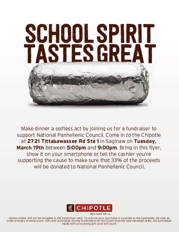 SvsuPhoenixL's tweet photo. Come on out tonight to Chipotle to support NPC at SVSU! Show this flyer when you purchase your meal to help us fundraise! https://t.co/jnGTnip1tQ
