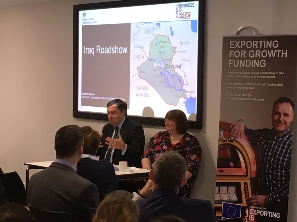JonWilksUK's tweet photo. Next stop Leeds. Again a lot of interest including from young Iraqi British entrepreneurs who form an important human bridge between our two countries. #exporttoiraq @tradegovukMENA https://t.co/0qxG7077xM