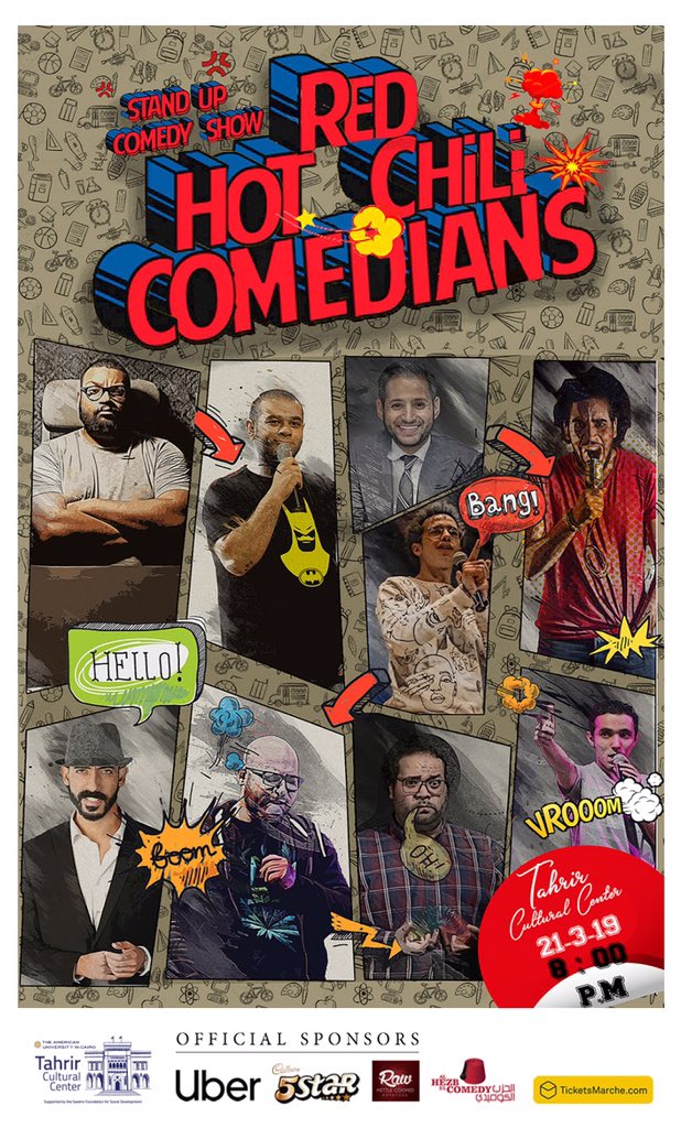 auc_tcc's tweet photo. Thursday the 21st of March, stand up comedy: Red Hot Chili Comedians by Al Hezb El Comedy at AUC - Tahrir Cultural Center at Ewart’s Hall at 8 PM. #AUC100 #TCCNow #100YearsofCulture https://t.co/a6LoVh3IEO