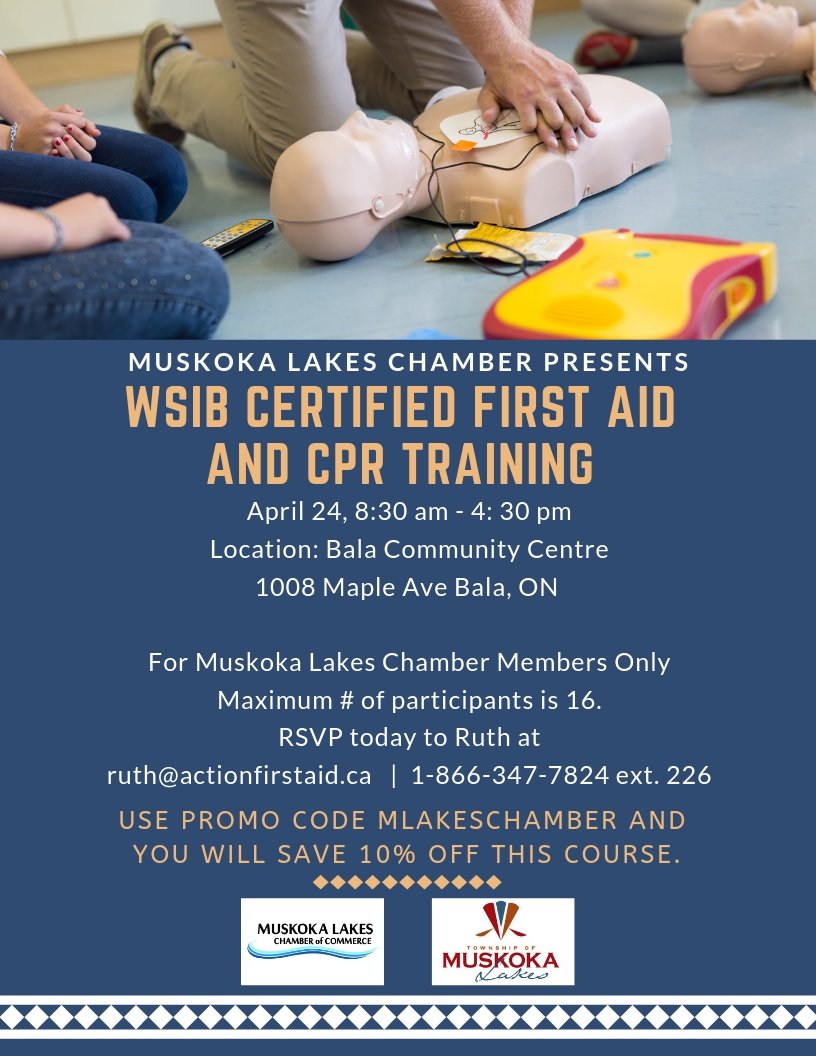 MuskokaLakesCC's tweet photo. Muskoka Lakes Chamber Members: WSIB certified Emergency First Aid with AED and CPR course. Few spots left at our second date: April 24, 8:30am-4:30pm, Bala Community Centre (Apr.17 date Sold Out). RSVP to Ruth at Action First Aid: ruth@actionfirstaid.ca or 1-866-347-7824 ext. 226 https://t.co/GEdjjZv01A