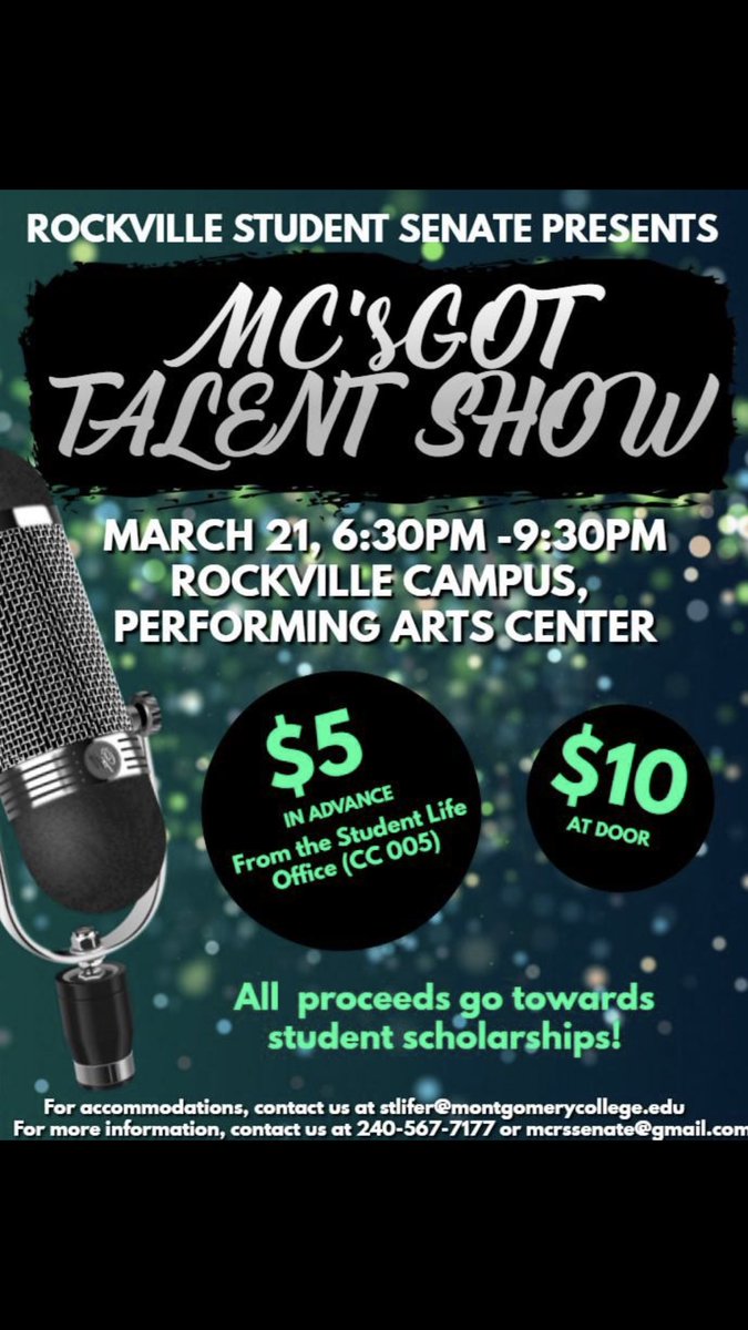 mcrsenate's tweet photo. Amazing talent, raffle prizes, food and more??
Get your tickets to the MCโs Got Talent Show.
#montgomerycollege #rvstudentsenate #GotTalent @montgomerycoll https://t.co/Jt1k7JlrlZ