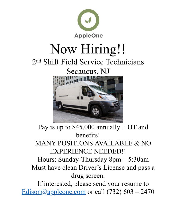 #njjobs #nowhiring #technicianjobs #jobsearch #applynow #northjersey #jobs #jobseekers #secaucus #secondshiftjobs