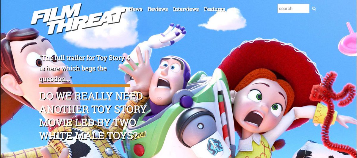 FilmThreat's tweet photo. Do We Really Need Another Toy Story Movie Led by Two White Male Toys? Our report goes deep into Buzz and Woody...
#ToyStory4 https://t.co/z6xI0PZPAV https://t.co/0q1jdVCcsv
