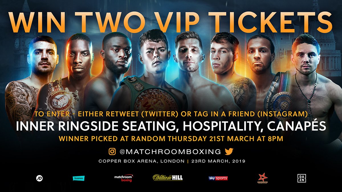 RT to enter! 🔁

Be in with a chance to win a pair of VIP tickets to #EdwardsMoreno #BuatsiConroy #OkolieCamacho #RitsonBenitez this Saturday in London! 🎟

<a href="/CEdwardsBoxing/">Charlie Edwards 🦅</a> <a href="/boxingbuatsi/">Joshua Buatsi</a> <a href="/Lawrence_tko/">Lawrence Okolie</a> @lewis_ritson