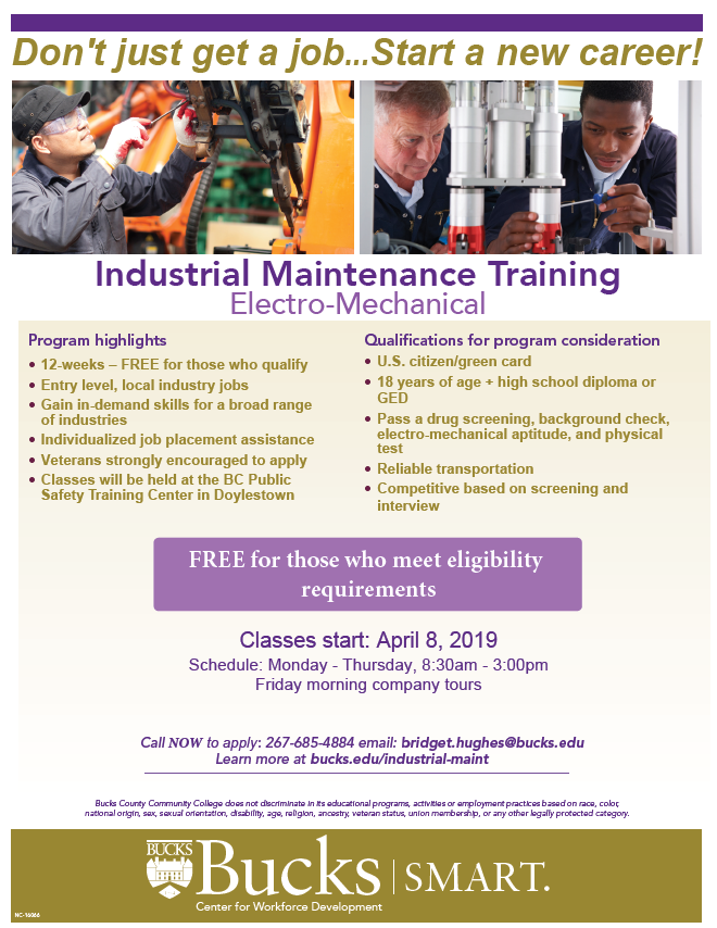 PACareerlinkBC's tweet photo. Industrial Maintenance training program!! Classes start in April @Bucks_edu   Bucks County Community College!  Please see flyer for contact information!
#Industrial #training #BucksCounty #BCCC #Maintenance https://t.co/YWYsuxXUlG