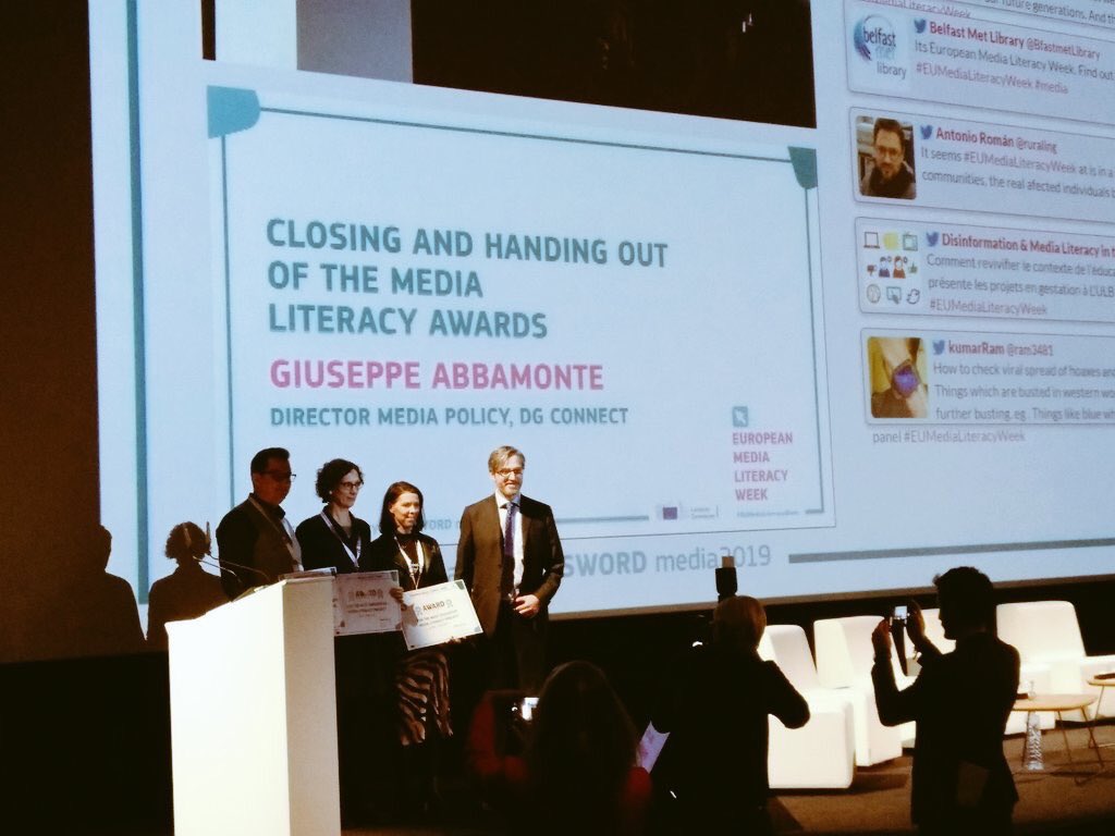 Webwise_Ireland's tweet photo. #HTMLHeroes has received the award for most educative media literacy project #EUmediaLiteracyWeek conference #Brussels. Delighted to have participated in this important event. Well done to all the winners today. https://t.co/WHt3OjqwVR