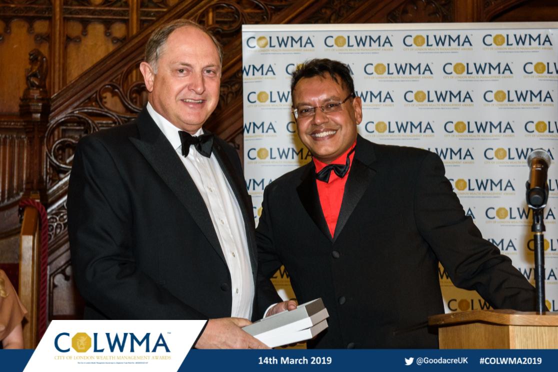 JMFinnWealth's tweet photo. Congratulations to our CEO, Steven Sussman, for being named CEO of the year. Pictured with broadcaster Sumit Bose #COLWMA #awards #goodacre https://t.co/yLJViBkJnd