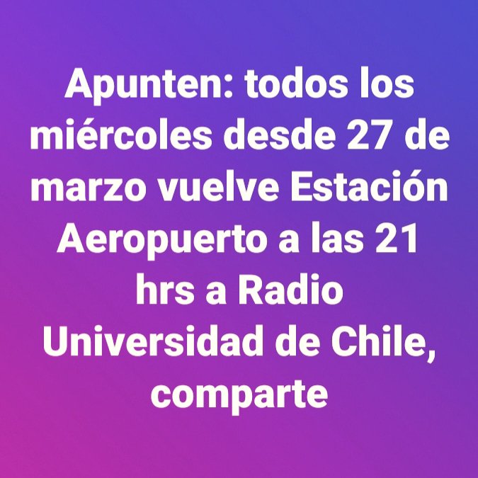 radioaeropuerto's tweet photo. Retorna Estación Aeropuerto a @uchileradio desde 27 de marzo a las 21 hrs #salsa #salsatrendingtopic @GladysPalmera @Pablozen @salsaprimavera @AngelinaMedinaQ @radioambulante @RogersComunica @Revista_Sur @Faniamusic @TimbaUSA https://t.co/6p0kCAh6IS