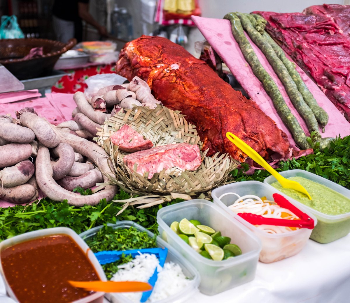 A view of the uncooked green chorizo and other butcher shop delicacies in Mexico City.