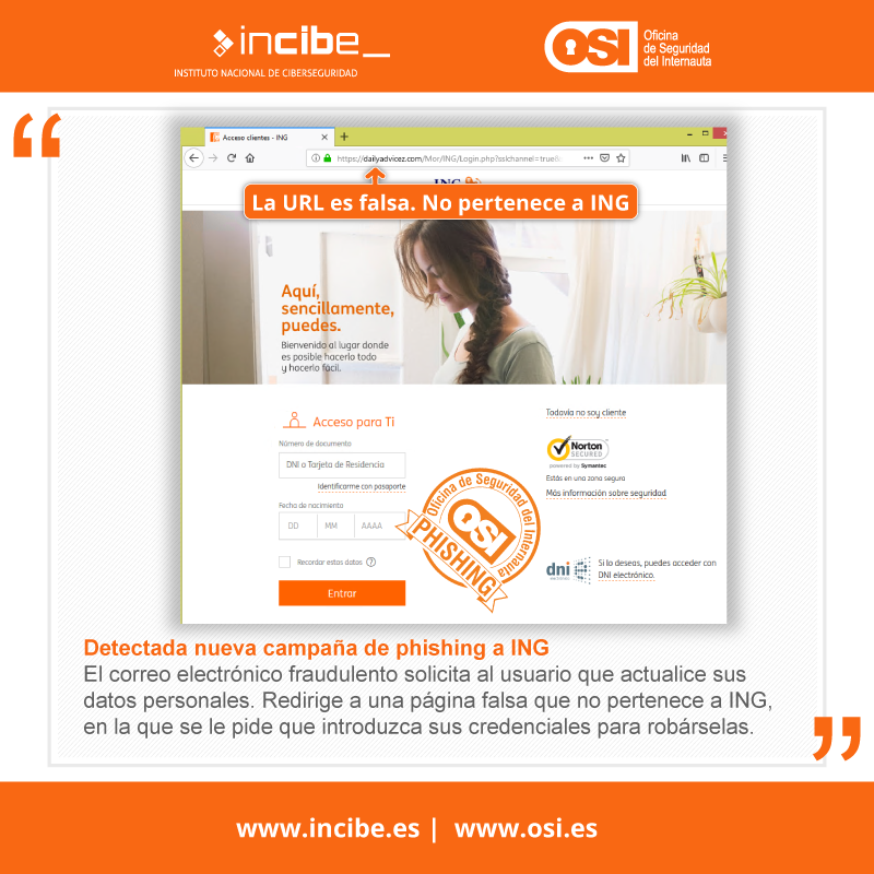 osiseguridad's tweet photo. #OSIaviso Si recibes un correo de @ING_es en el que te piden que actualices tus datos personales, bórralo directamente. Es un #phishing. 

https://t.co/p3wf034aYv https://t.co/vESuU3xwId