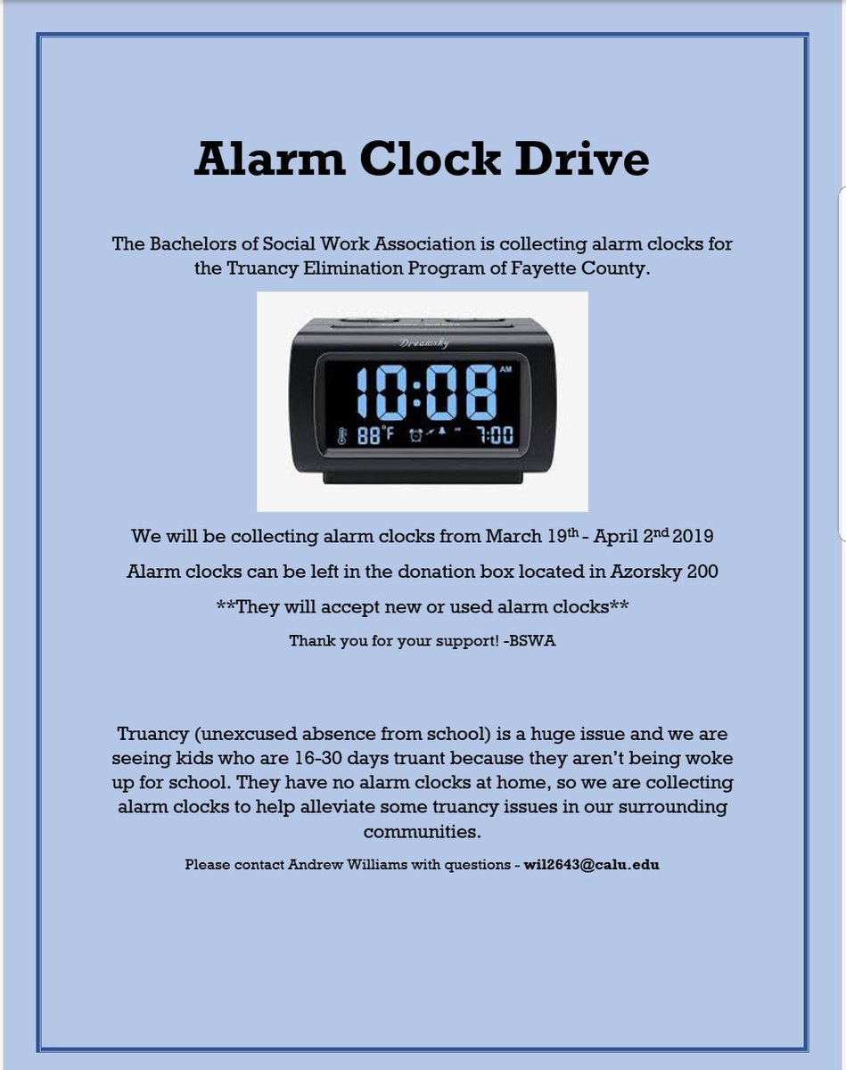 BSW_Calu's tweet photo. Please Donate to the children of the Truancy Elimination Program of Fayette County! New or Used alarm clocks are needed. Help these kids gain success in school... https://t.co/jD69n5Gp1l