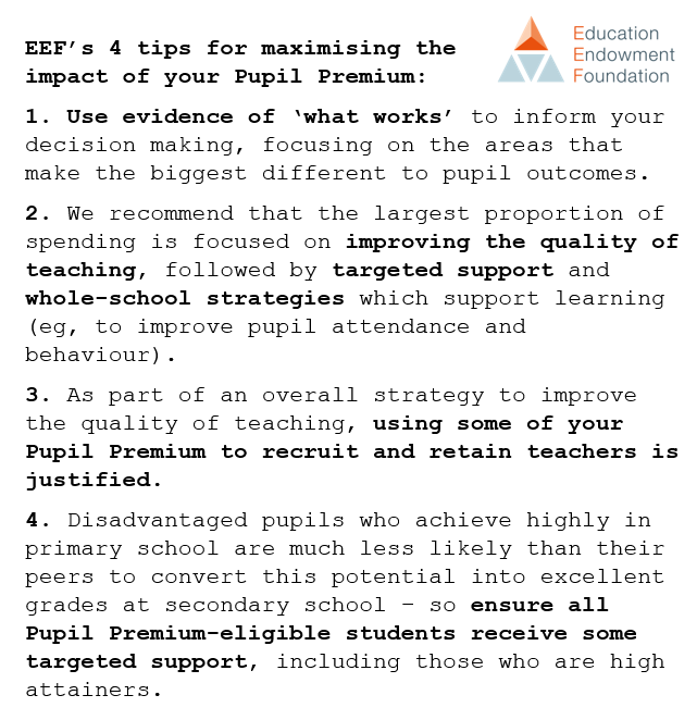 EducEndowFoundn's tweet photo. Our 4 tips for maximising the impact of your Pupil Premium.

From our recent EEF guide for school leaders and governors/trustees: https://t.co/fMzIxMQar3 https://t.co/hLyoI8BeAc