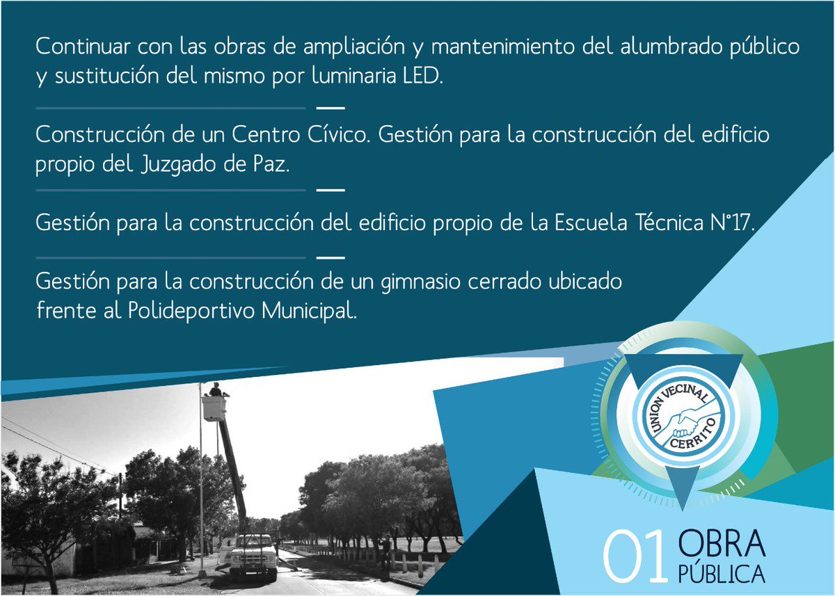 VecinalCerrito's tweet photo. Presentamos nuestro primer eje de la plataforma de Gobierno 2019-2023
🔹OBRA PÚBLICA🔹
Seguimos creciendo, sumando ideas para una mejor calidad de Vida!
#somosVECINOS #somosVECINAL #somosCERRITO
@VecinalCerrito 
@VaninaGrinov https://t.co/IU6gFyTtmo