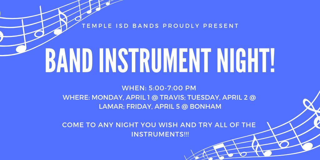 Lamar_MS_Band's tweet photo. Does your 5th or 6th grader want to be in Band?
We are having Band Instrument Nights for any interested 5th or 6th grader on Mon, Apr. 1 at Travis, Tues, Apr. 2 at Lamar, or Thurs, Apr. 4 at Bonham from 5-7 pm.  You may come to any night you wish. FREE Goodie Bag!
@TempleisdArts https://t.co/Znd9ZGJ3EY