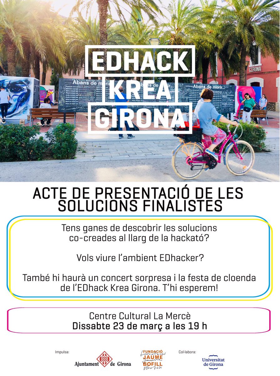 equitatorg's tweet photo. ⁉️T'agradaria conèixer els projectes creats a l' #EDhackKreaGirona ?
📣Apropa't al Centre Cultural la Mercè a les 19h el proper 23M. 
👨‍👩‍👧‍👧Els equips #EDhackers presentaran en obert les solucions i aprenentatges. 
👉Ambient #EDhacker amb música i piscolabis per a tothom! https://t.co/godfbKkdgs