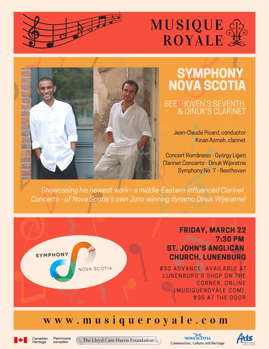 MusiqueRoyale's tweet photo. This Friday: Symphony Nova Scotia conducted by Jean-Claude Picard, showcasing JUNO-winning dynamo, Dinuk Wijeratne's new middle-Eastern-influenced Clarinet Concerto, written specifically for Dinuk’s close friend and longtime collaborator, clarinetist Kinan Azmeh! https://t.co/u4Ctb7TQyG