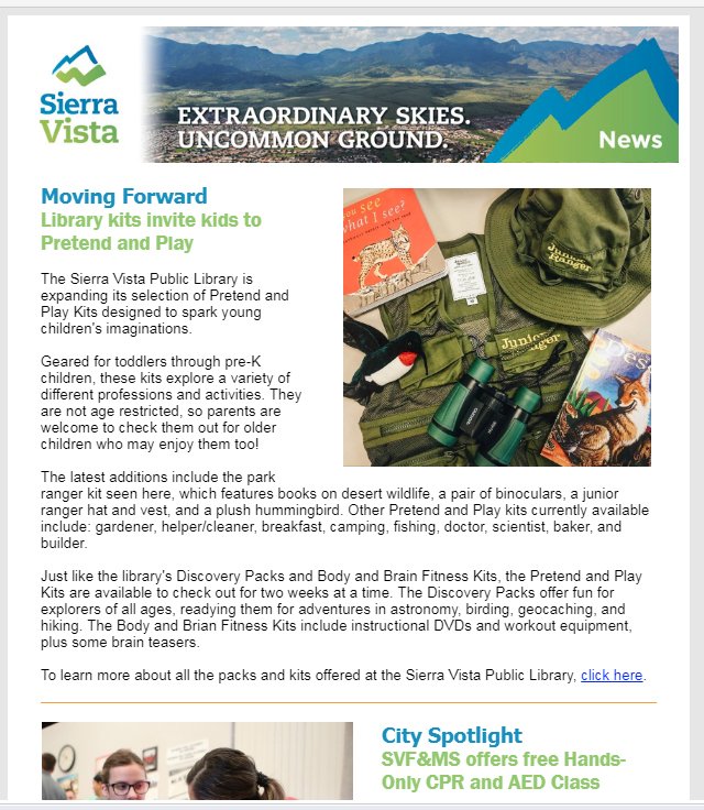 SierraVistaAZ's tweet photo. Did you know that #SVLibrary offers a variety of Pretend and Play kits for young children? Learn about that and much more in this week's email newsletter! https://t.co/McV46YuKMJ https://t.co/PiSZFiVn02