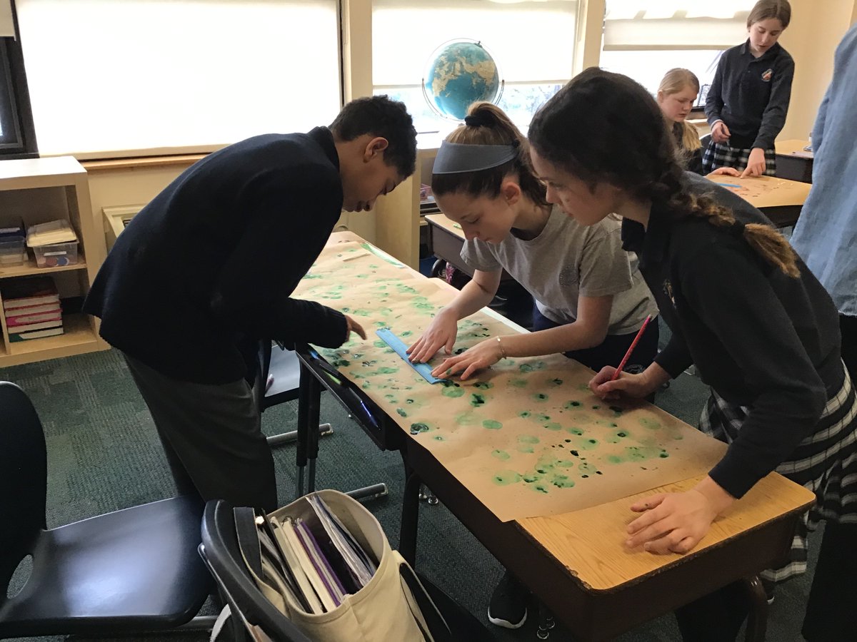 ancillaemath's tweet photo. @AncillaeAssumpt On Pi Day, March 14, 2019, students in sixth grade blew bubbles of different sizes on large pieces of paper.  Then they calculated the circumference of the bubbles they blew using pi. #journeyingtogetheraaa https://t.co/hq3yIjXQ13