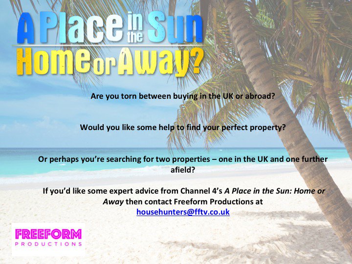 Hi folks! Our sister show 'A Place in the Sun: Home or Away' is back this spring and we're looking for house hunters to take part! Are you torn between buying in the UK or abroad? If so, email househunters@fftv.co.uk now! #househunting #perfectproperty #dreamproperty