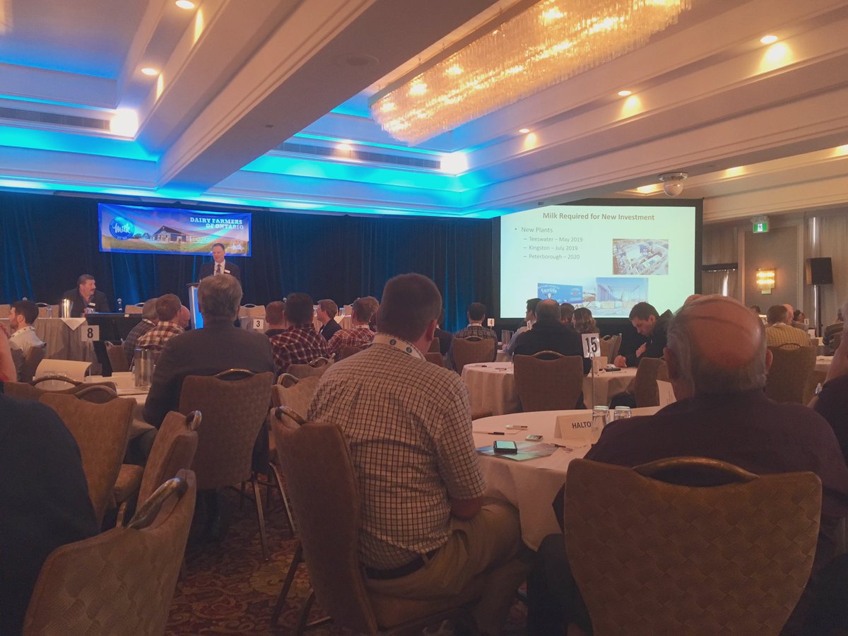 BernieKamphof's tweet photo. Early start this morning after a sleepless night of milking robot issues. Travelled down to southern Ontario to Dairy Farmers of Ontario Spring Policy Conference and we are getting underway with some updates from DFO board chair @FarmMurrsherk #DFOSPC2019 @DairyOntario https://t.co/UEegLa7PfA