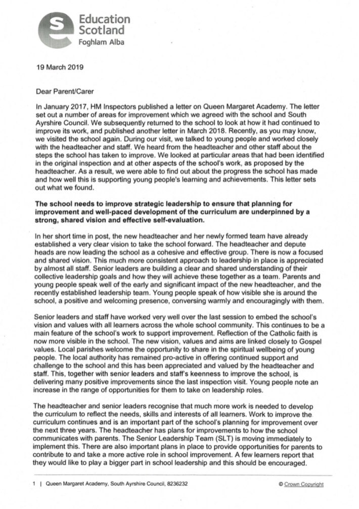 QMAOfficial's tweet photo. Following our recent inspection, we are delighted to share the official letter from Education Scotland. This letter reflects the hard work and commitment of our young people and staff and the vital part they play in our school community. https://t.co/03AtwIHCMy