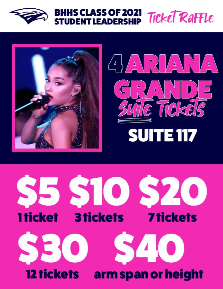 Do you believe god is a woman?? Enter in the Ariana Grande concert raffle to win 4 SUITE tickets to the April concert!! Tickets sold during lunches for as low as $5😱😱 Paying full price for tickets?? Thank u, next!