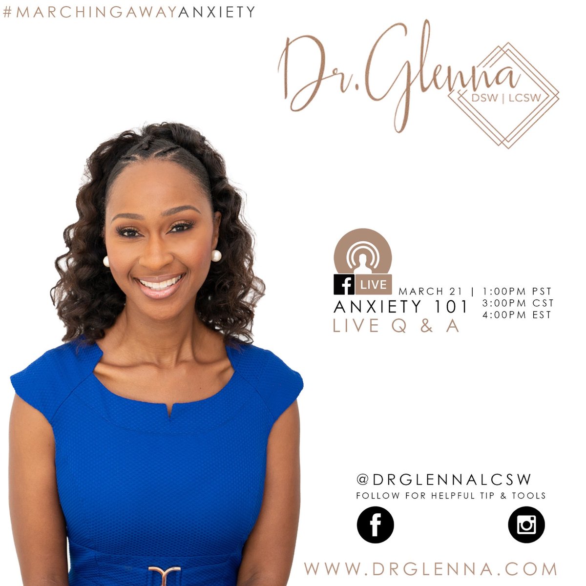 drGlennaLCSW's tweet photo. Mark your calendar for Thurs Mar 21 and join me as I do a live Anxiety 101 Q&amp;A⠀
#DrGlennaLCSW
#Therapyisalifestyle  #Dailytips #lifehacks #Mentalhealth #Anxiety #Focus #Counseling #Therapist #Celebritytherapist ⠀
#meetDrGlenna #therapyforblackgirls #anxietyhelp https://t.co/PRKp17JUBt