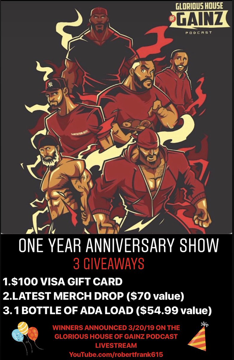 Robertfrank615's tweet photo. Glorious House of Gainz Podcast One Year Anniversary Show 3/20/19
There’s only 2 rules to enter the giveaway contest: 

1. RT this post 
2. Send a screenshot in THIS thread showing you’re subscribed to the podcast (any platform)

https://t.co/U5od4RaGDz https://t.co/EwR4vlzcFM