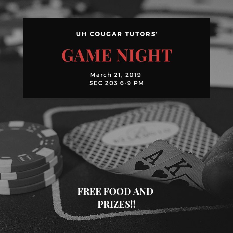 uhcougartutors's tweet photo. Come join Cougar Tutors' for a fun night filled with games, free food, and great prizes! This is an open event, so anyone can come, members or not!! Hope to see you all there! 

Location: Science and Engineering Classrooms Room 203 (upstairs) https://t.co/xhE86i4Zaq