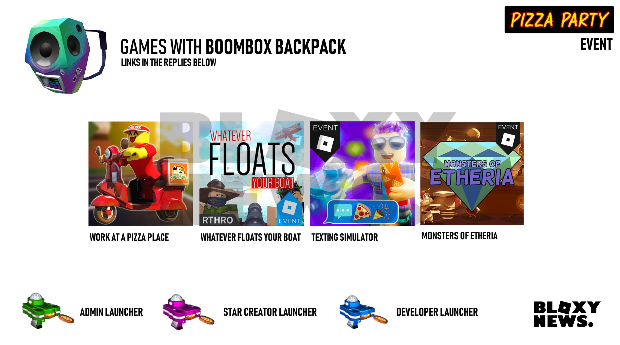 Bloxy News On Twitter To Get The Boombox Backpack Join Any Of These 4 Games And Look For An Admin Green Launcher Star Creator Pink Launcher Or Developer Blue Launcher Shooting Out - how to get pinata hat in roblox pizza event